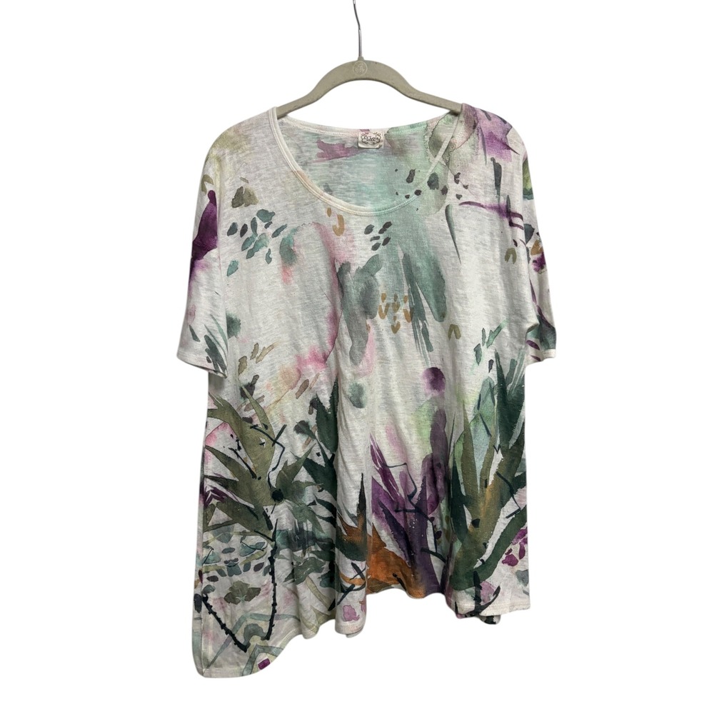 Et' Lois Tunic Top White Watercolor Floral Abstract Short Sleeve Size M